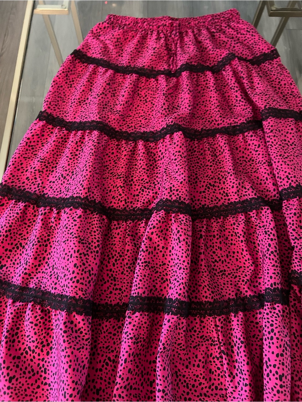 Women's Hot Pink Tiered Maxi Skirt with Black Lace Trim